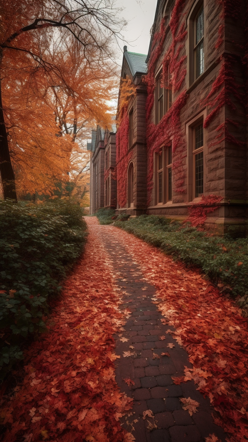 An enchanting landscape photo of a meandering pathway lined with colorful autumn leaves, leading to a picturesque Ivy League campus. The scene exudes academic charm and invites exploration.