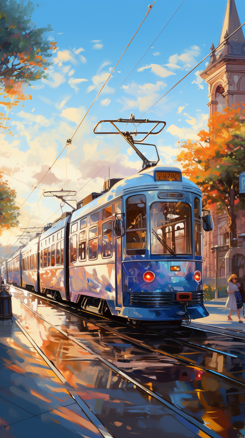 Impressionist Manga Art in the style of Paul hedler, Anime Impressionism, Makoto Shinkai, street, tram, afternoon
