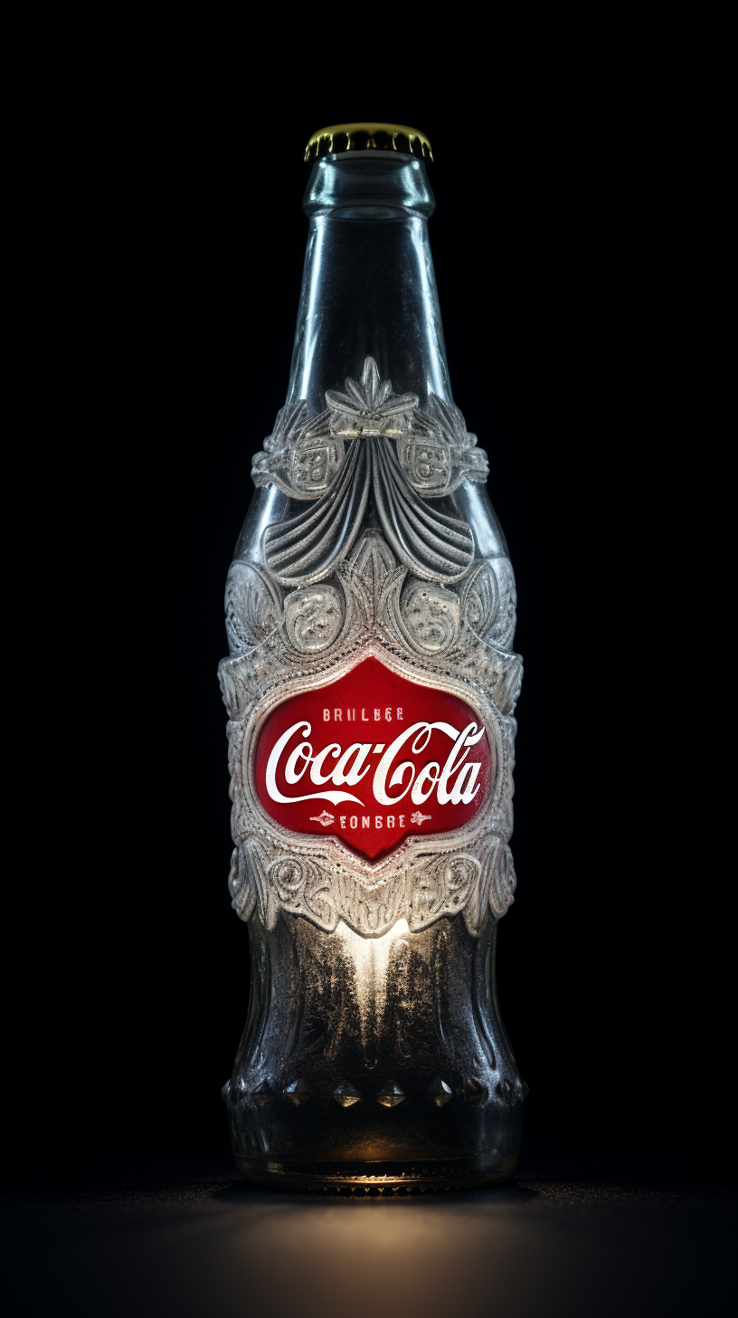hyper-realistic retro magazine ad of a short round mini white frosted glass bottle of coca-cola lord of the rings the light of elendil label, logo debossed on black background, beautiful lighting